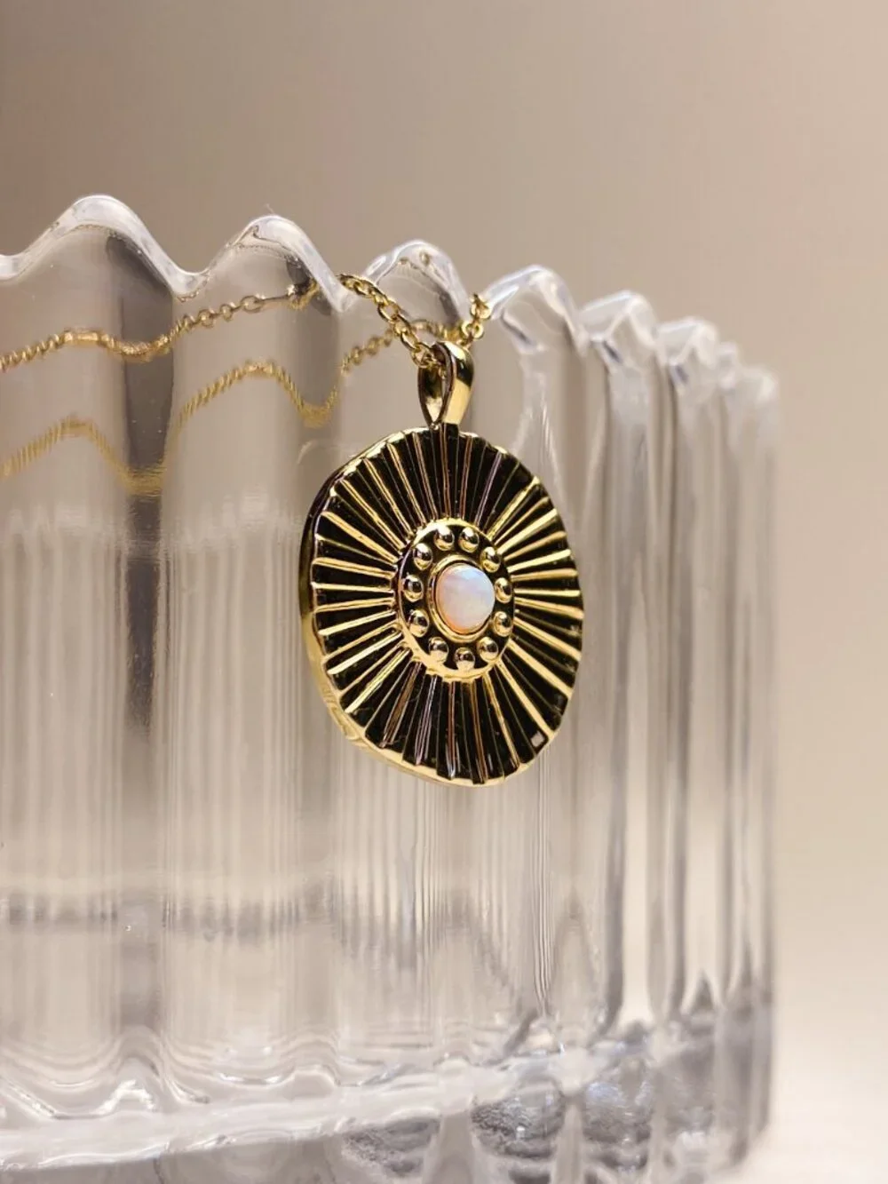 Gorjana Gold Sunburst Opal Gemstone Round Pendant Charm Slider Chain Necklace